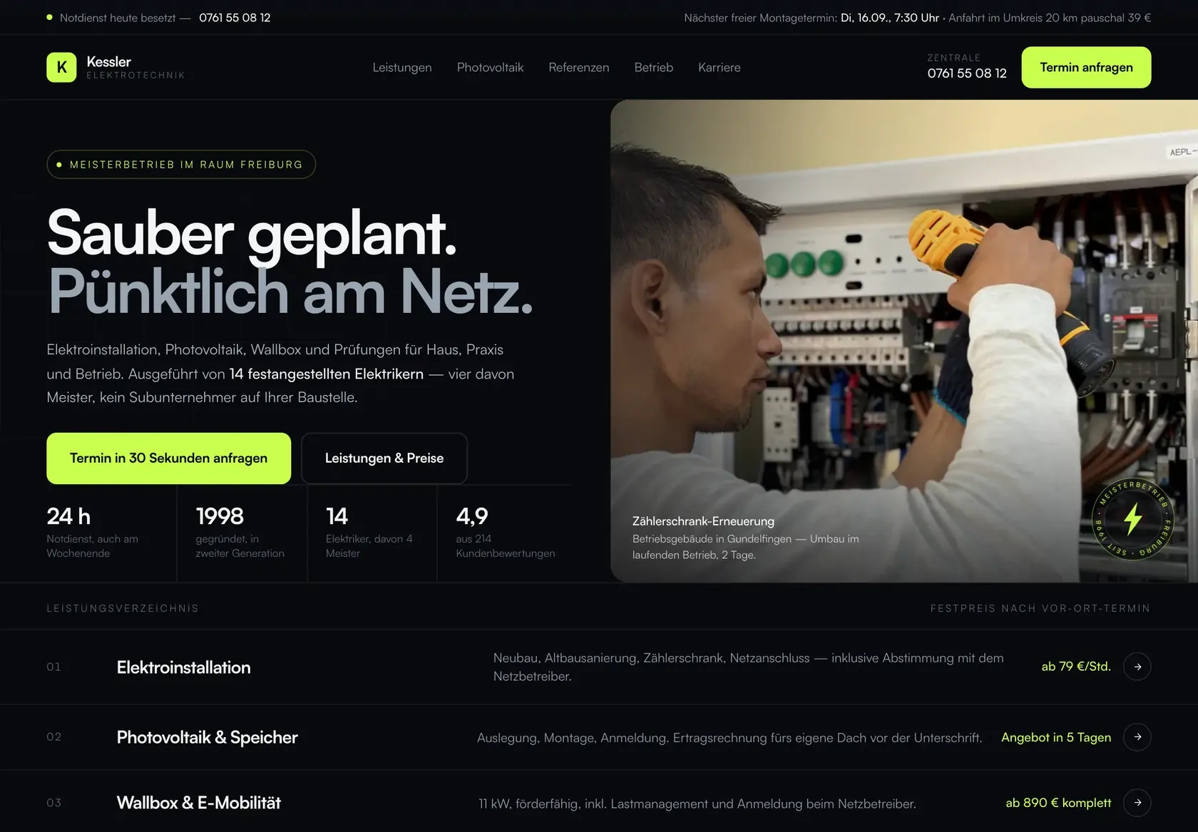 Beispielentwurf: Website für einen Elektrobetrieb mit Notdienst-Nummer und Anfrageformular