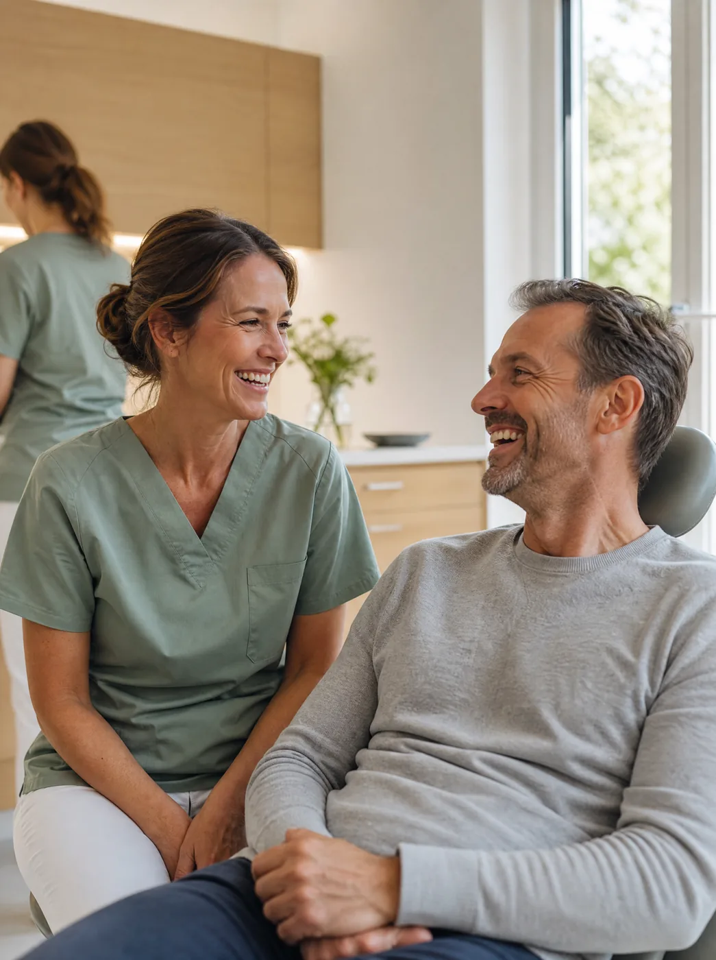 Zahnärztin im Gespräch mit einem lachenden Patienten